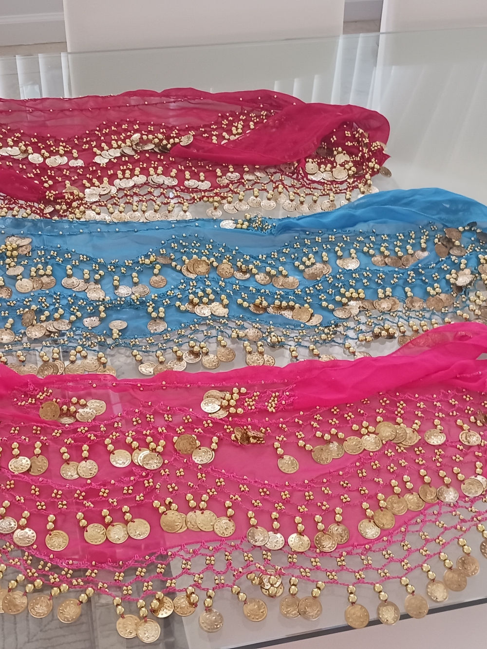 3 Women's Beaded Coin Fringe Scarf Wrap - Pink & Blue
